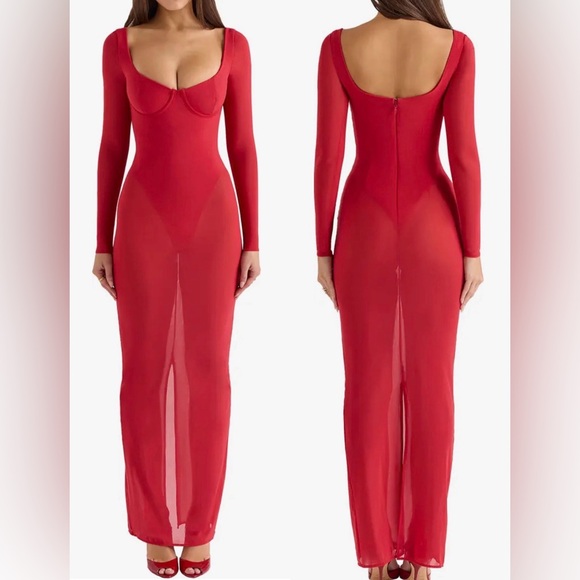 NEW House Of CB Everly Corset Long Sleeve Hauted Red Gown Sz S D-E